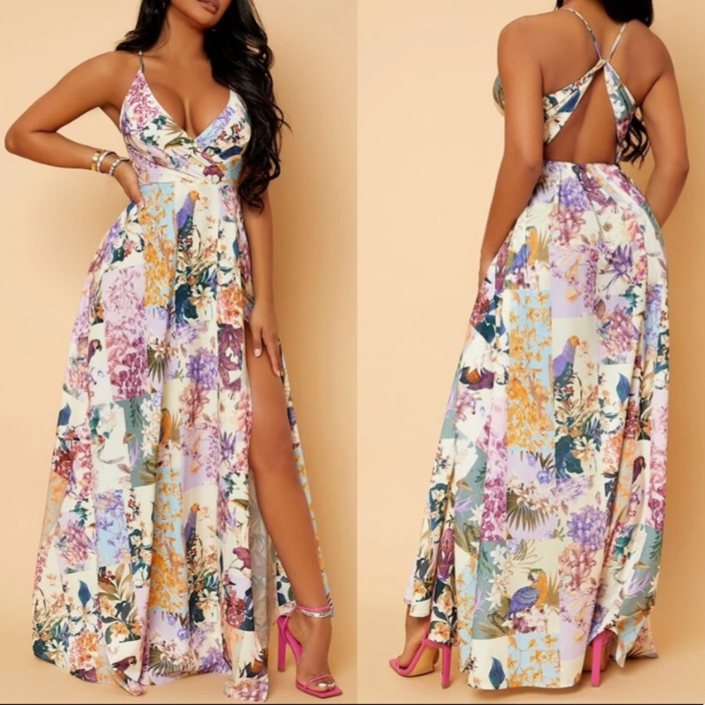 Boho floral print open back slit thigh maxi dress